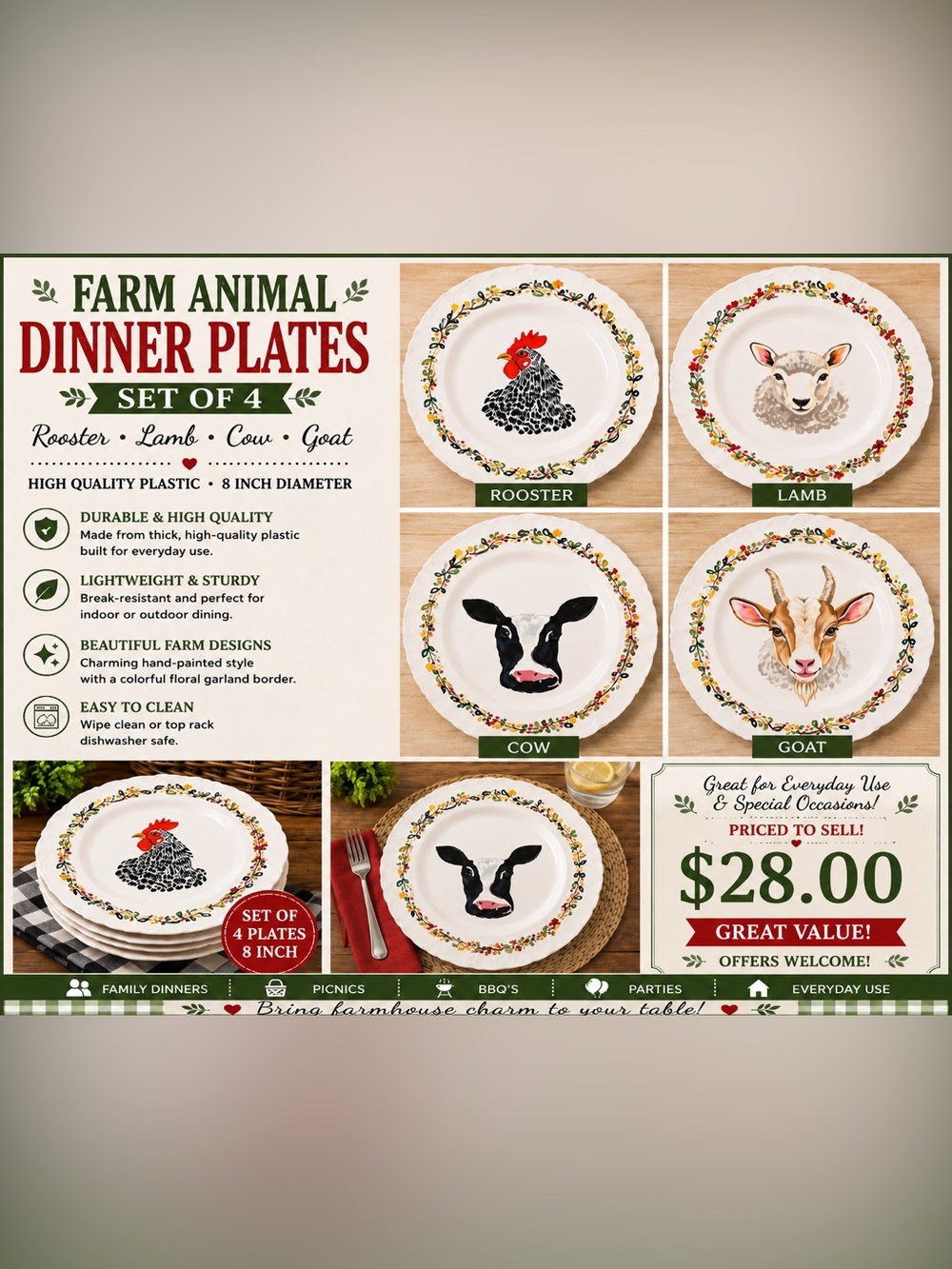 Farm house Farm Animal Dinner Plates  set of 4 Rooster Cow Lamb Goat 8”